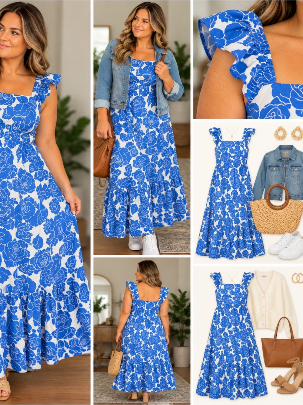 London Times Blue & White Floral Maxi Dress with Ruffle Straps